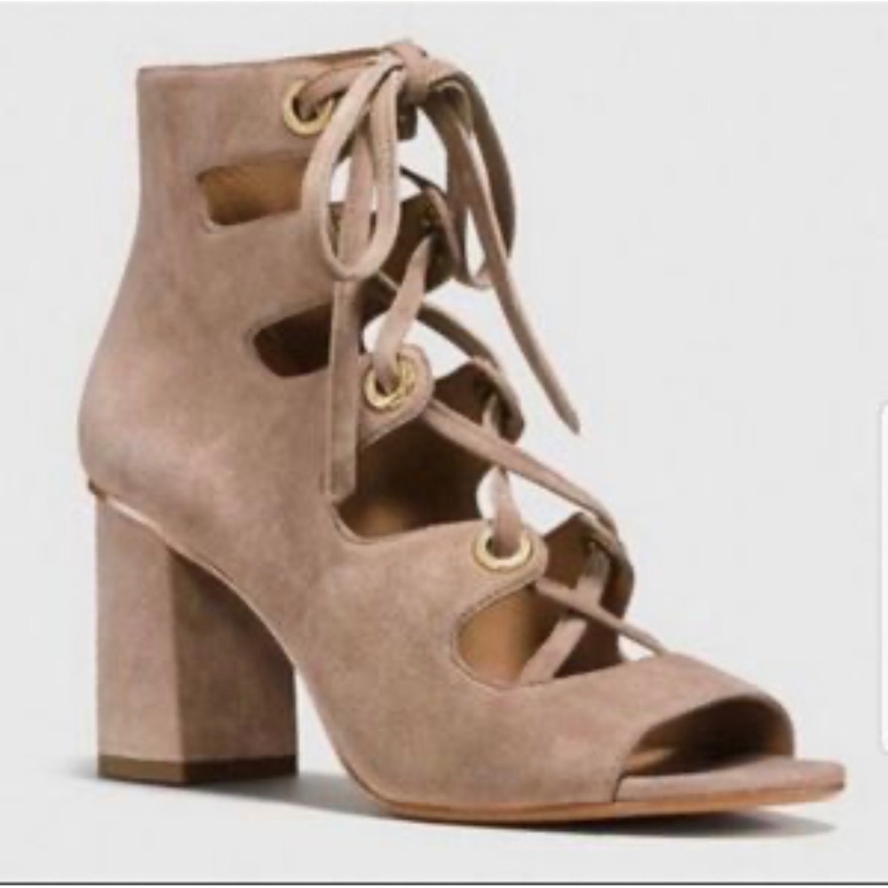 COACH Priscilla Lux Suede Lace-Up Sandals Heels Taupe Size 6.5